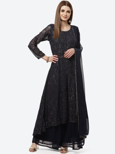 

Meena Bazaar Women Navy Blue Embroidered Empire Sequinned Kurta & Palazzos With Dupatta