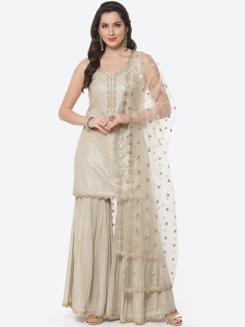 

Meena Bazaar Women Beige Ethnic Motifs Embroidered Sequinned Kurti with Sharara & Dupatta