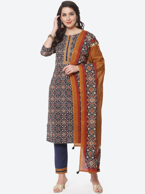 

Meena Bazaar Navy Blue Ethnic Motifs Printed Pure Cotton Kurta with Trousers & Dupatta