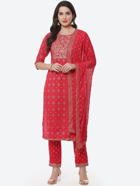 

Meena Bazaar Women Pink Ethnic Motifs Printed Sequinned Kurta with Trousers & With Dupatta