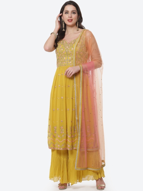 

Meena Bazaar Women Mustard Yellow Ethnic Motifs Embroidered Kurta with Palazzos & With Dupatta