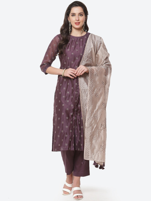

Meena Bazaar Women Burgundy Ethnic Motifs Embroidered Kurta with Trousers & With Dupatta