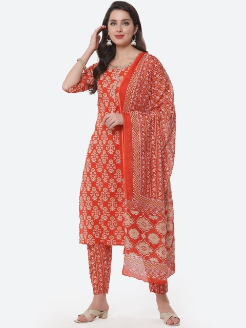 

Meena Bazaar Women Orange Ethnic Motifs Printed Kurta with Trousers & Dupatta