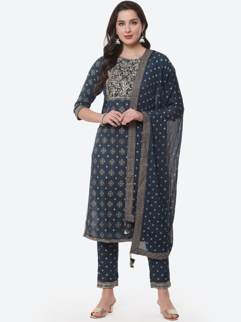 

Meena Bazaar Women Teal Yoke Design Sequinned Pure Cotton Kurta with Trousers & Dupatta