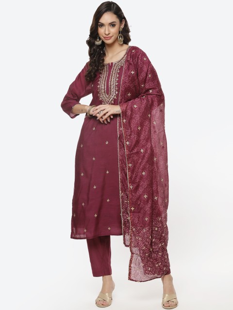 

Meena Bazaar Women Burgundy Gotta Patti Pure Cotton Kurti with Trousers & Dupatta