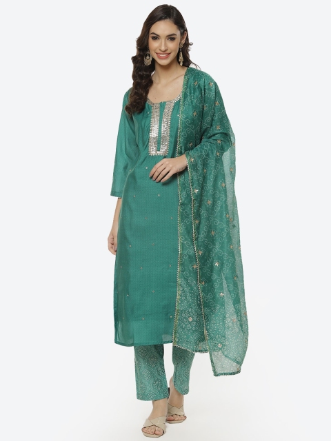 

Meena Bazaar Women Teal Green Embroidered Pure Cotton Kurta with Trousers & Dupatta