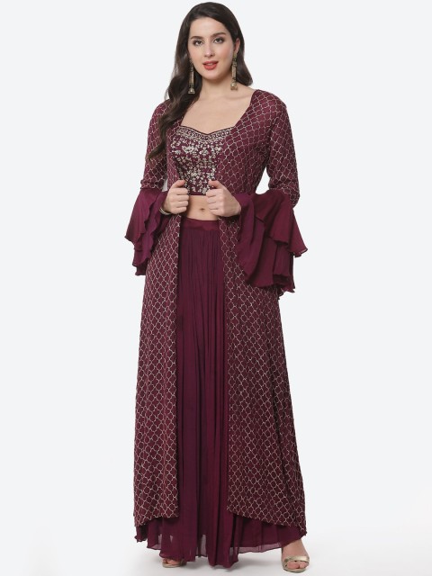 

Meena Bazaar Burgundy & Silver Sequinned Top & Palazzo with Longline Shrug