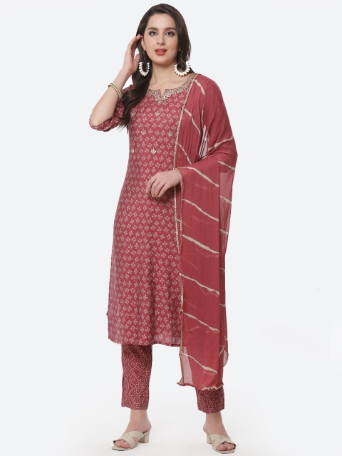 

Meena Bazaar Women Pink Ethnic Motifs Printed Panelled Kurta with Trousers & With Dupatta