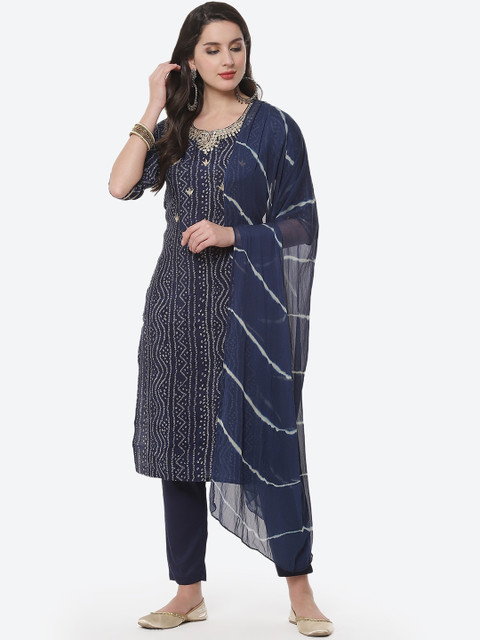 

Meena Bazaar Women Navy Blue Ethnic Motifs Embroidered Kurta with Churidar & With Dupatta