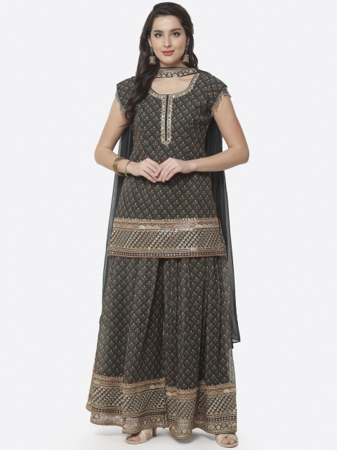 

Meena Bazaar Women Green & Red Floral Printed Silk Georgette Kurta with Skirt & Dupatta