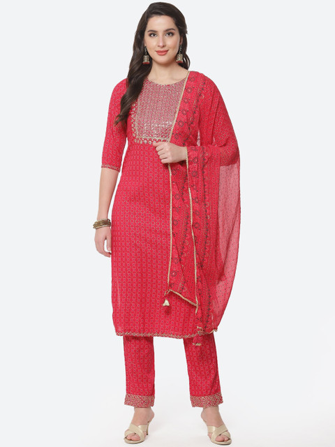 

Meena Bazaar Women Fuchsia Ethnic Motifs Yoke Design Thread Work Pure Cotton Kurta with Trousers & With