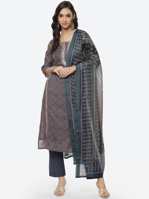 

Meena Bazaar Women Blue Printed Thread Work Kurta with Trousers & With Dupatta