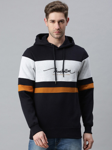 

SHOWOFF Men Navy Blue Colourblocked Hooded Sweatshirt