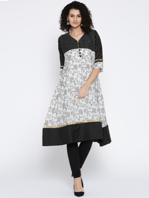 

Plume Women Off-White & Black Woven Design A-Line Kurta