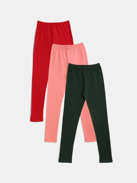 

YK Pack of 3 Girls Solid Full Length Leggings, Red