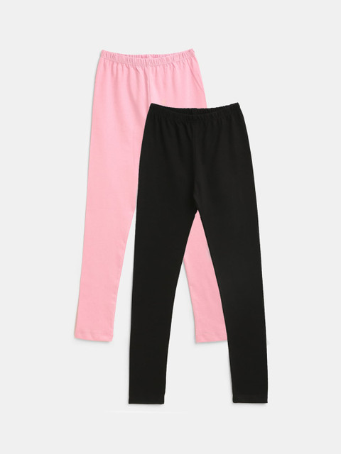 

YK Girls Pink & Black Pack Of 2 Solid Churidar-Length Leggings