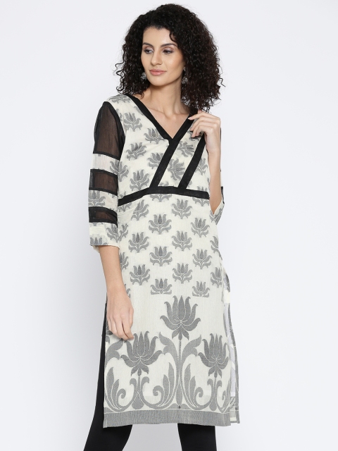 

Plume Women Off-White & Black Woven Design Straight Kurta
