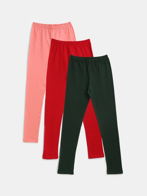 

YK Girls Pack Of 3 Solid Churidar-Length Leggings, Peach