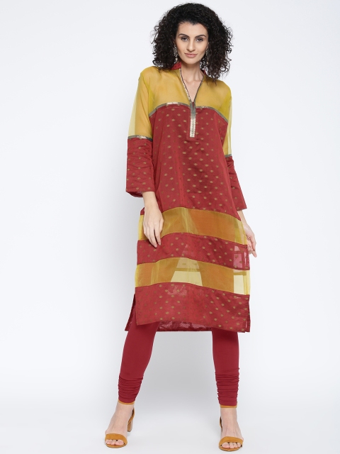 

Plume Women Maroon & Mustard Yellow Woven Design Semi-Sheer Straight Kurta