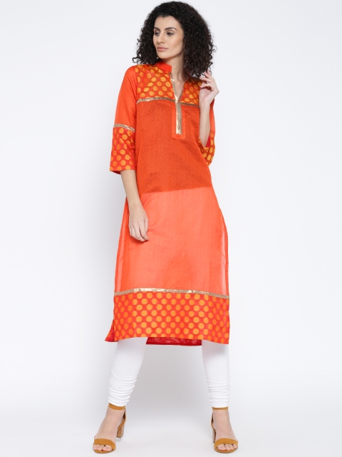 

Plume Women Orange Woven Design Semi-Sheer Straight Kurta