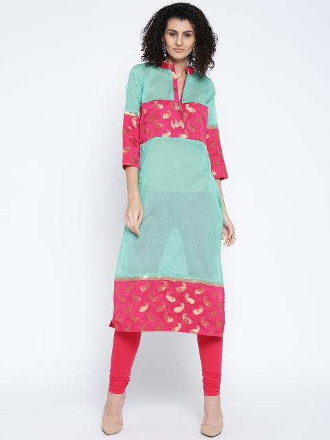 

Plume Women Sea Green & Pink Woven Design Semi-Sheer Straight Kurta