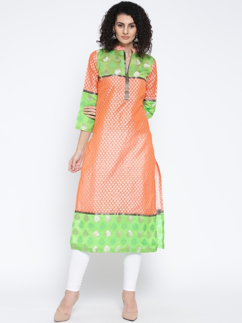 

Plume Women Peach-Coloured & Green Woven Design Straight Kurta