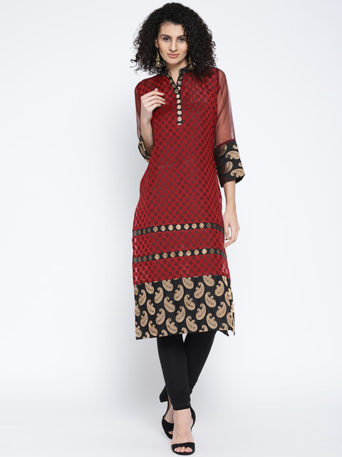 

Plume Women Red & Black Woven Design Semi-Sheer Straight Kurta