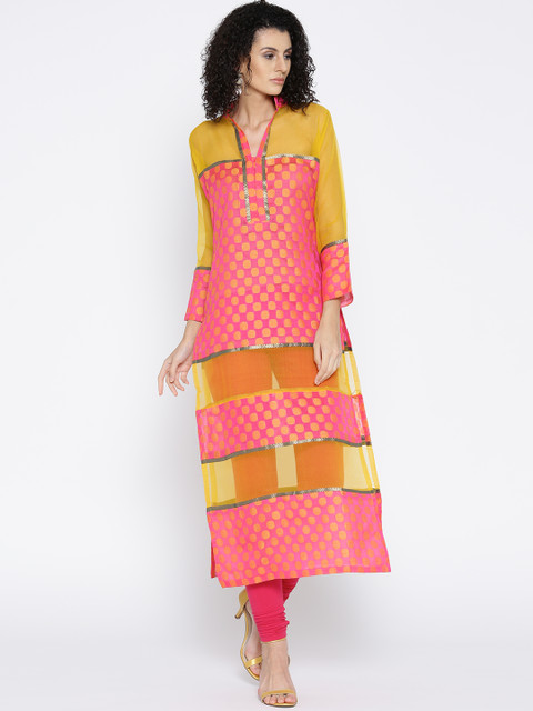 

Plume Women Yellow & Coral Pink Woven Design Semi-Sheer Straight Kurta
