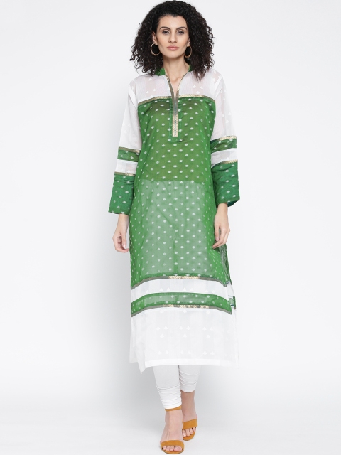 

Plume Women Green & White Woven Design Semi-Sheer Straight Kurta