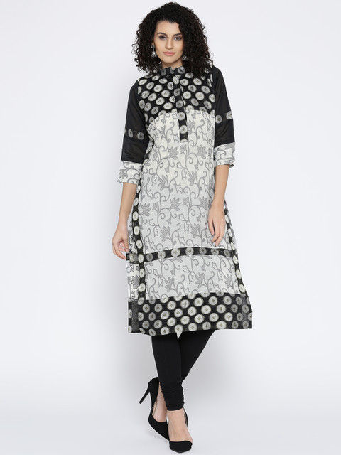 

Plume Women Off-White & Black Woven Design Straight Kurta