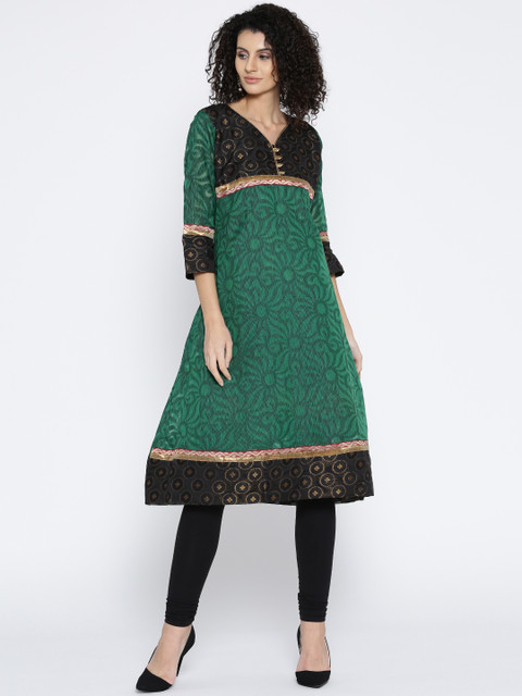 

Plume Women Green Woven Design A-Line Kurta