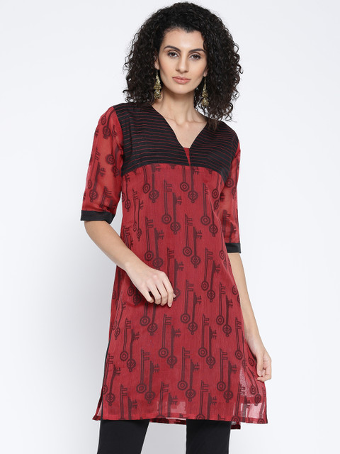 

Plume Women Red & Black Keys Woven Design Straight Kurta