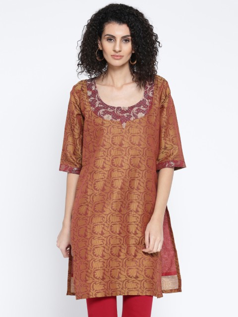 

Plume Women Maroon & Brown Woven Design Straight Kurta