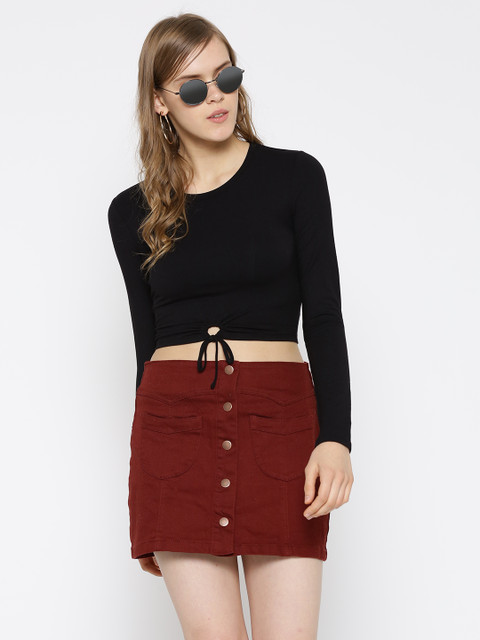 

FOREVER 21 Women Black Solid Tie-Up Detail Crop Top