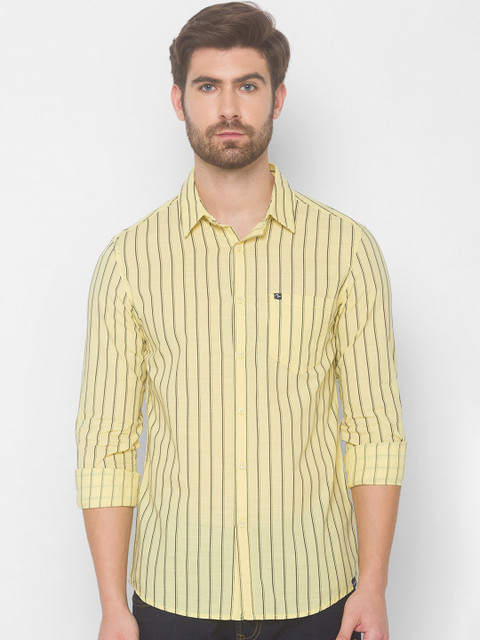 

SPYKAR Men Yellow Striped Pure Cotton Casual Shirt