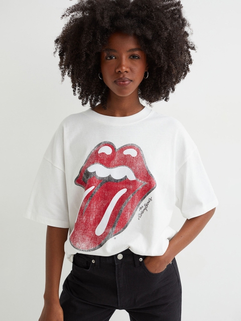 

H&M Women White Oversized Printed T-shirt