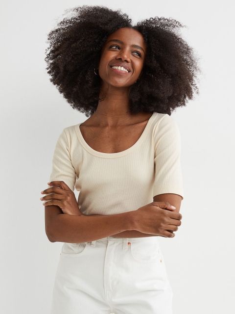 

H&M Women Beige Ribbed Top
