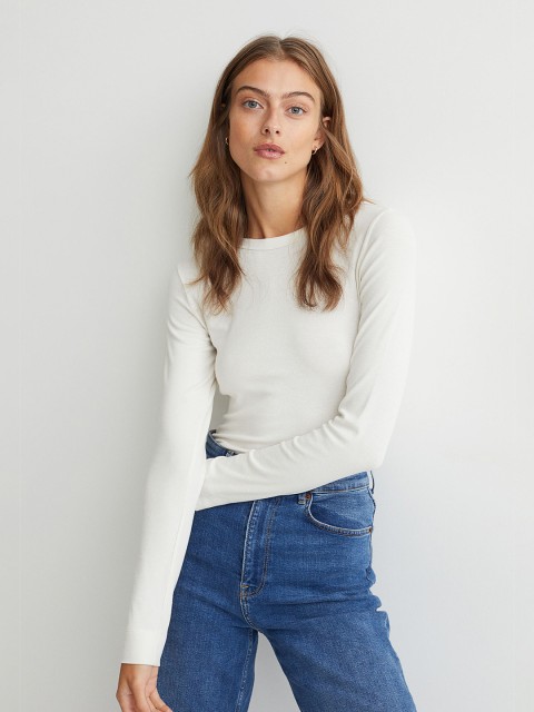 

H&M Women White Ribbed Modal Blend Top
