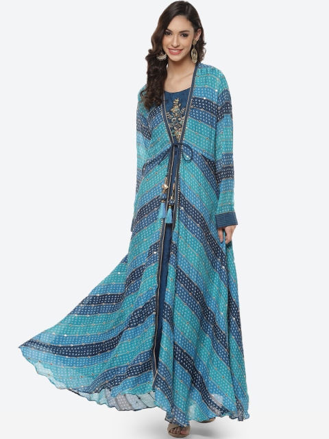

Meena Bazaar Teal Bandej Printed Layered Crepe Maxi Dress