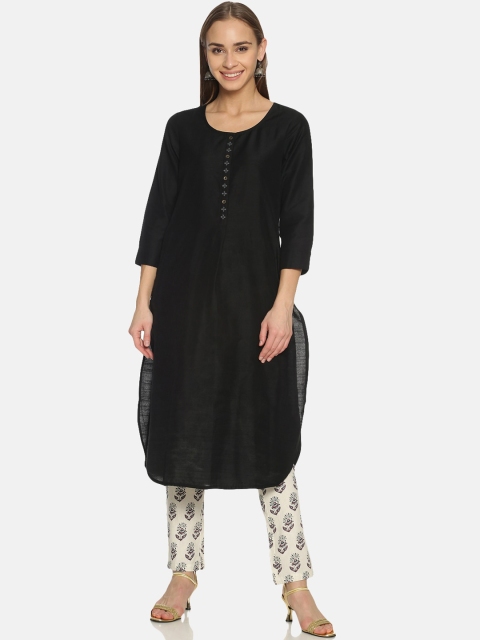 

Saffron Threads Women Black & White Thread Work Kurta with Trousers