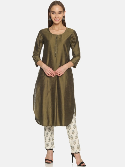 

Saffron Threads Women Olive Green & White Printed Kurta with Trousers