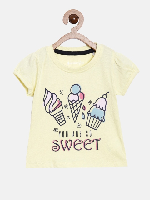 

Nuberry Girls Yellow & Blue Printed Pure Cotton Round Neck T-shirt