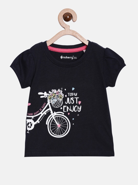 

Nuberry Girls Navy Blue Typography Printed Pure Cotton T-shirt