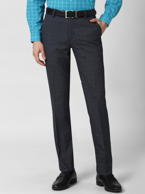 

Peter England Men Navy Blue Checked Slim Fit Trousers