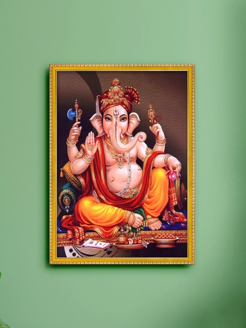 

999Store Brown & Orange Lord Ganesha Painting Framed Wall Art