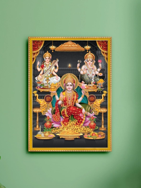 

999Store Yellow & Red Lakshmi With Ganesha & Saraswati Framed Paper Print, Multi
