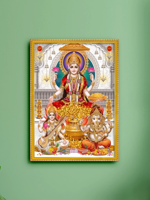 

999Store Unisex Gold-Toned & Red Lakshmi With Ganesha and Saraswati Photo Printed Paper Painting, Multi