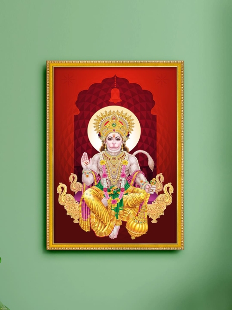 

999Store Red & White Hanuman Ji Painting Framed Wall Art