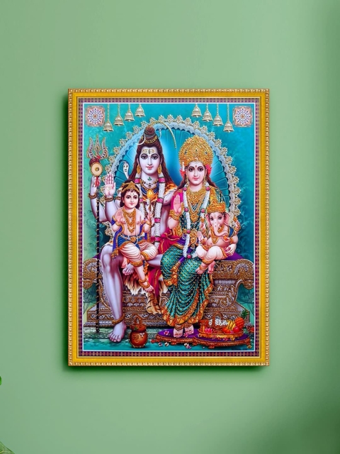 

999Store Blue & Green Shiva Parivar Photo Painting With Frame Wall Art