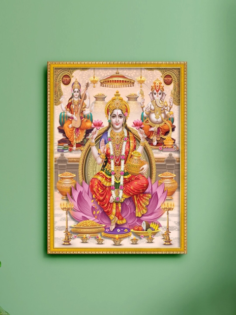 

999Store Pink & Gold-Toned Lakshmi With Ganesha & Saraswati Printed Painting Wall Art